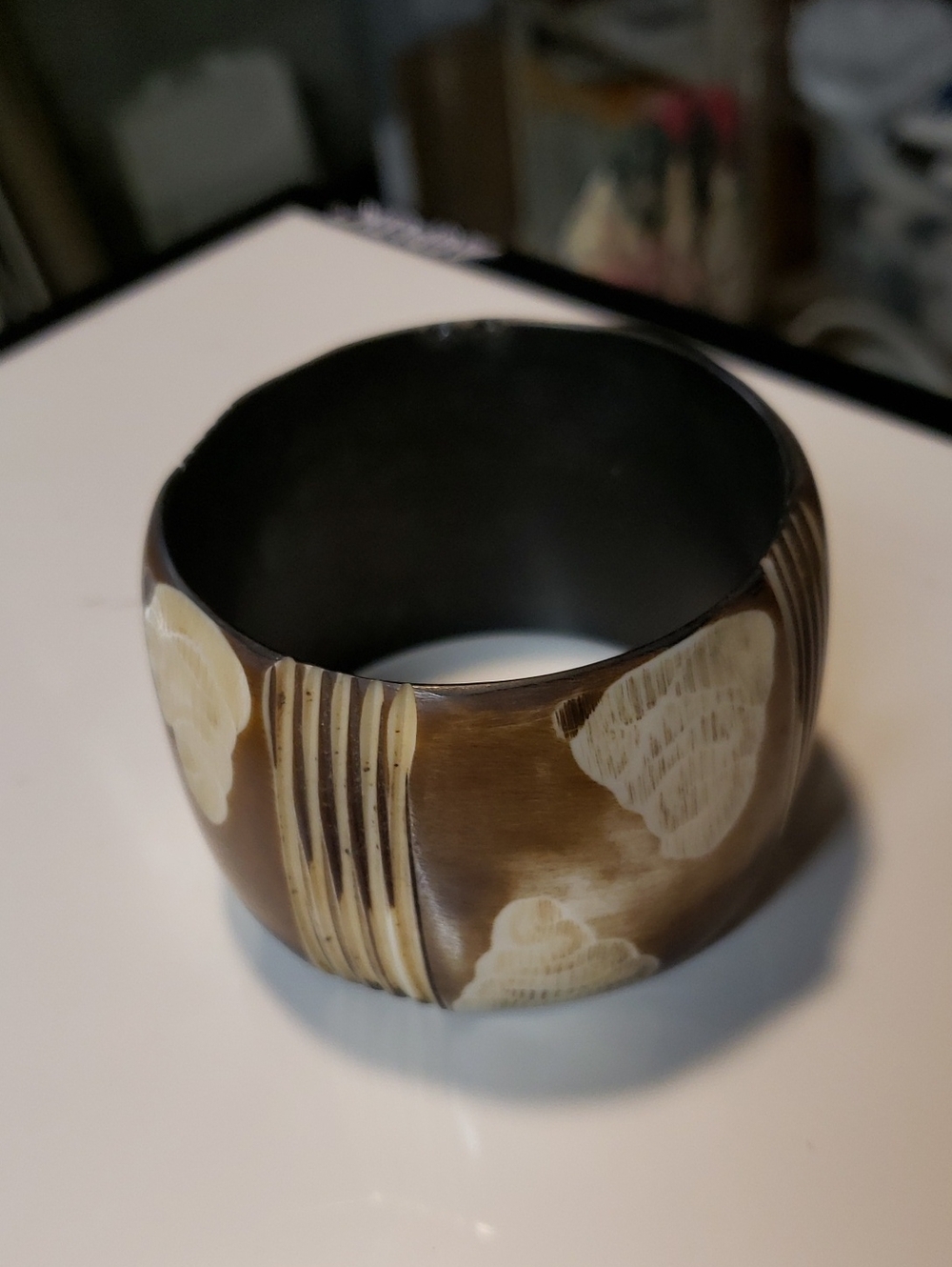 Wide Floral Pattern Resin Bangle in Brown and Cream